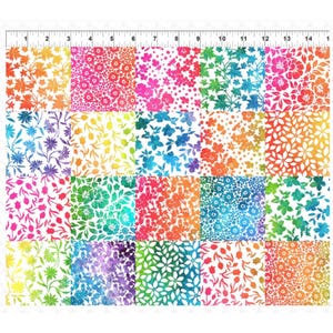 May include: A fabric swatch featuring a variety of floral patterns in a rainbow of colors. The designs include small, medium, and large flowers, as well as leaf patterns. The fabric is measured in inches.