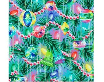 Retro Style Christmas Fabric Wishwell Afterglow Ornaments Tinsel Evergreen in Aqua