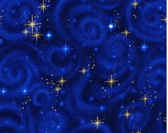 Christmas Star Galaxy Fabric Blue with Gold Glitter Stars by Robert Kaufman