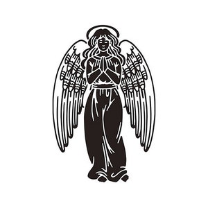 May include: A black and white illustration of an angel with large detailed wings, a halo, and hands clasped in prayer. The angel is wearing a long flowing gown. The image is a simple, graphic design.