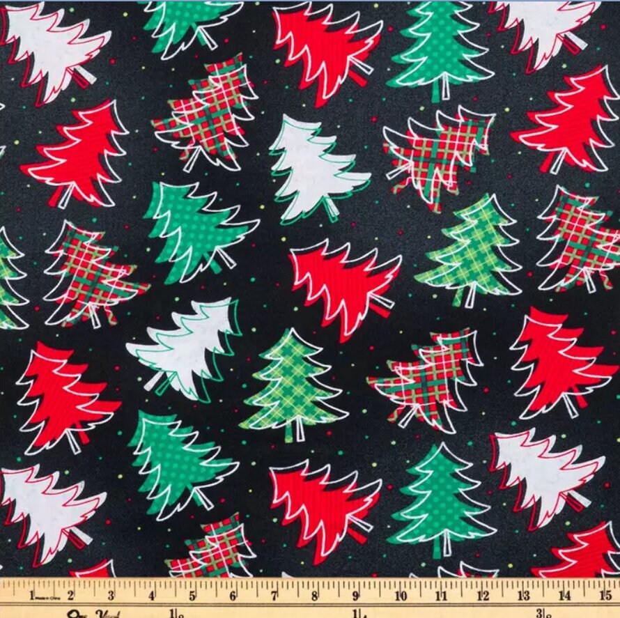 Christmas Tree Holiday Fabric With Stripes, Polka Dots and