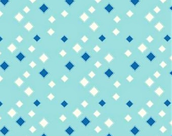 May include: A seamless pattern of blue and white diamonds on a light blue background.