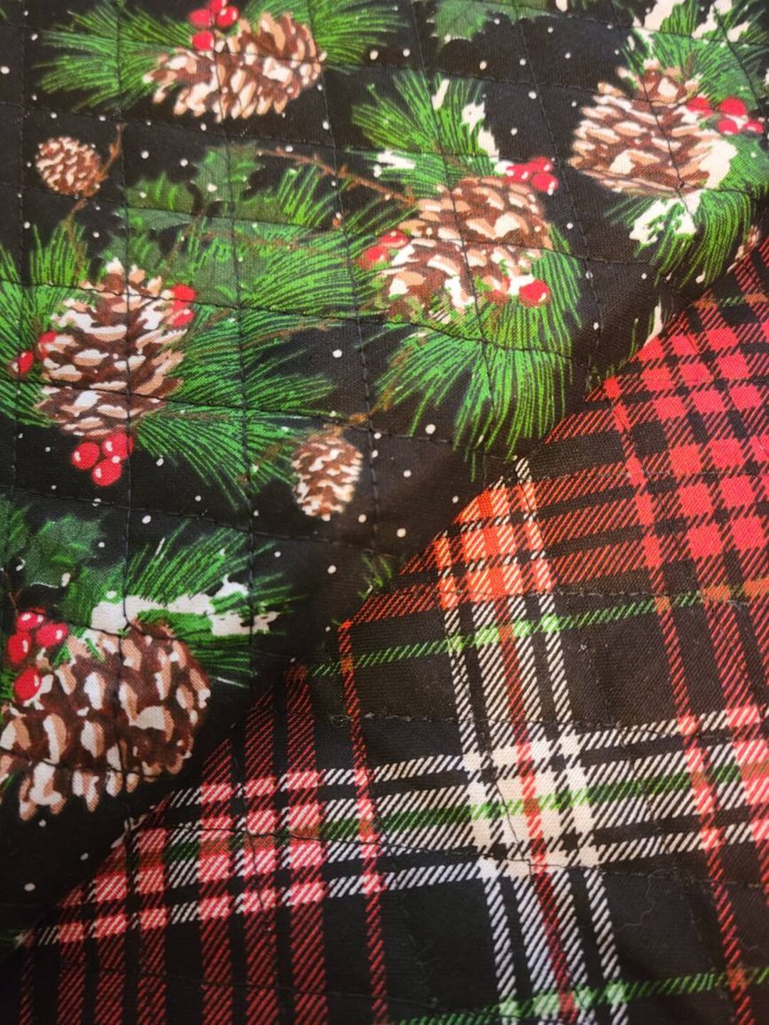 Pine Cone and Plaid Christmas Double Sided Pre Quilted Cotton Fabric