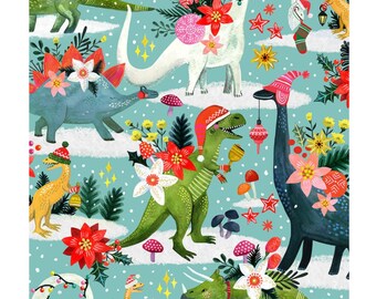 Holiday Dinosaur Fabric: 'Rebel Without a Claus' Cotton by Miriam Bos