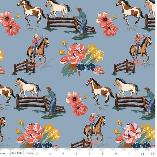 Wild Rose Cowgirl Cowboy Western Fabric by Riley Blake in Blue and Cream