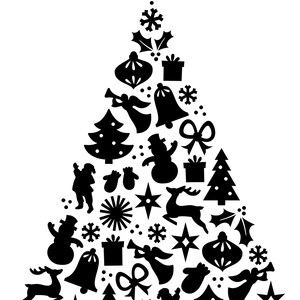 May include: Black and white silhouette of a Christmas tree made up of various holiday icons, including stars, snowflakes, bells, angels, reindeer, presents, and ornaments.