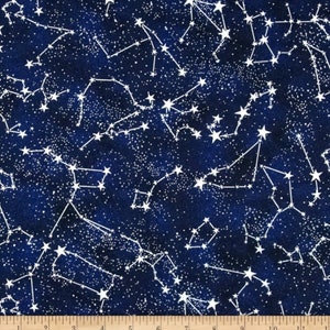 May include: A navy blue fabric with a white constellation pattern. The fabric is covered in small white dots and features larger white stars connected by lines to form constellations.