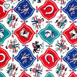 1950s Mid Century Style Western Cowboy Children's Design Fabric