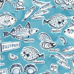 May include: A blue and white illustration of various types of seafood, including shrimp, crab, sardines, flounder, haddock, and mussels. The illustration includes the text "FRESH FISH" and price tags.