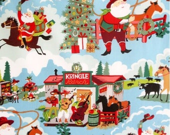 Alexander Henry Kringle Ranch Cowboy Christmas Holiday Fabric in Stone or Blue (Discontinued)
