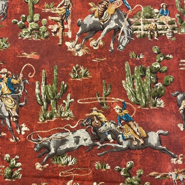 Wild West Cowboy Fabric by Waverly in Barn Red Cotton Duck