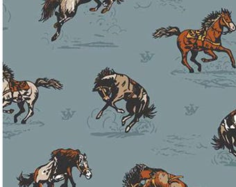 Wild Horses Cowboy Fabric: John Wayne Courage, Barn Red & Storm Blue