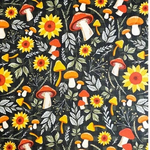 Retro 1970s Style Sunflower and Mushroom Fall Harvest Fabric on Dark Green Plaid Fabric by Brother Sister Designs.  Sold by the Yard