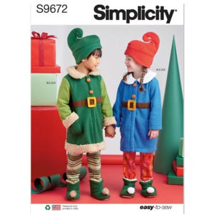 May include: Simplicity sewing pattern S9672 featuring children's elf costumes. The costumes include green and blue coats with brown belts, matching hats, and elf shoes. The pattern is designed for easy sewing.