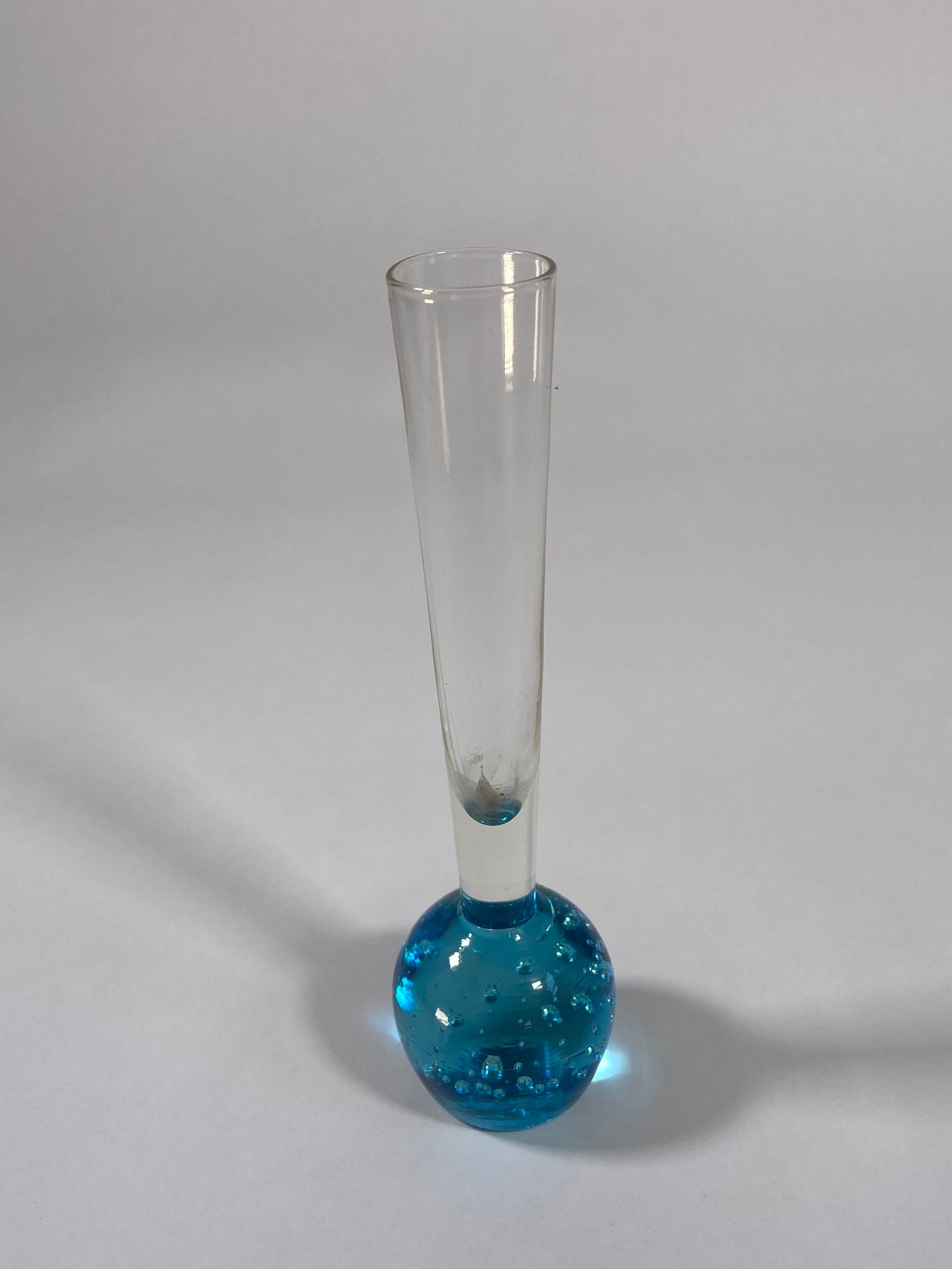 Vintage Blue Glass Stem Vase Round Etsy