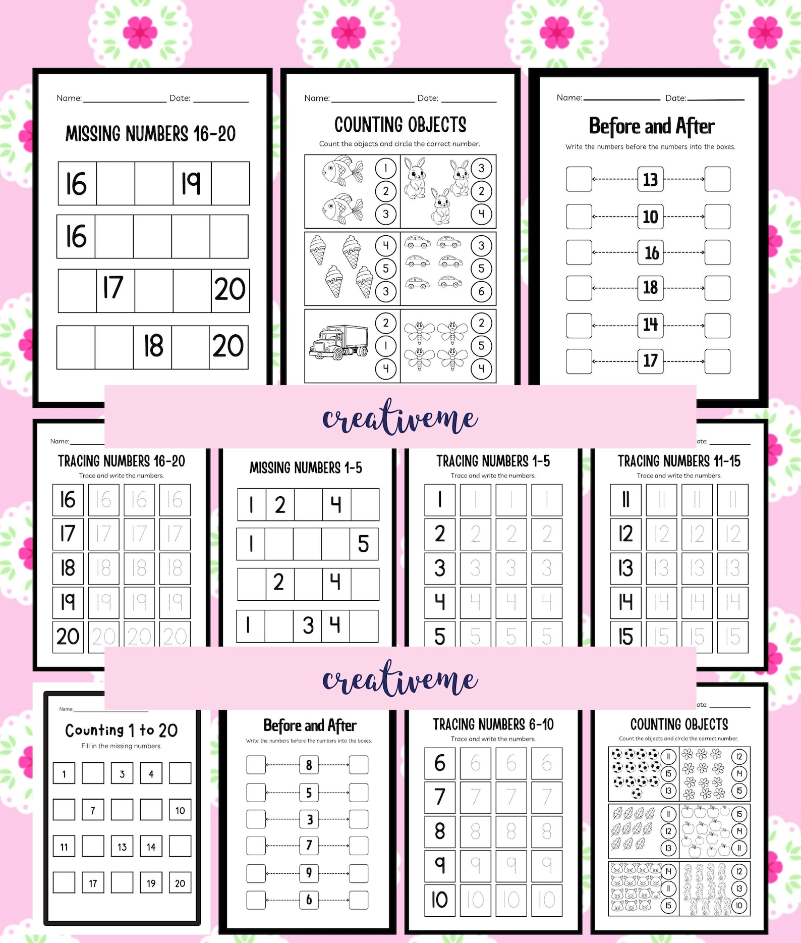 Numbers Tracing and Counting Worksheets: Missing Numbers, Before ...