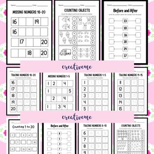 May include: A collection of printable educational worksheets for children, featuring math exercises. The worksheets include counting objects, tracing numbers, and filling in missing numbers. The pages are decorated with a pink floral pattern and the text "creativeme".