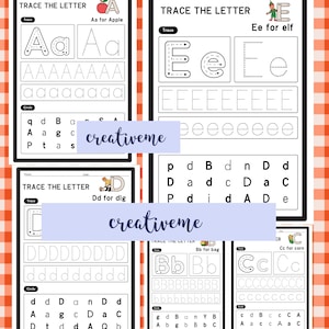 May include: Four black and white printable worksheets for tracing the letters A, E, D, and B. Each worksheet includes a picture representing the letter, such as an apple for A, an elf for E, a dig for D, and a bag for B. The worksheets also include practice tracing the letter in uppercase and lowercase, as well as a section for circling the letter in a word search.