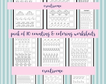 May include: A set of 10 black and white printable worksheets for kids to practice counting and coloring. Each worksheet features a different set of objects, such as cars, vegetables, animals, and stars. The worksheets are labeled "How Many?" and have a space for children to write the number of objects they count.