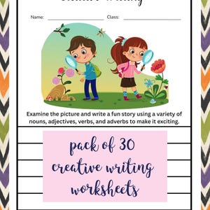 Könnte beinhalten: Kreatives Schreiben Arbeitsblätter, Packung mit 30. Das Cover zeigt eine farbenfrohe Illustration von zwei Kindern mit Lupen, die Blumen und Insekten untersuchen. Der Text lautet "Kreatives Schreiben" und "Untersuche das Bild und schreibe eine lustige Geschichte".