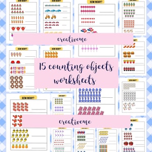 May include: A collection of 15 counting objects worksheets. Each worksheet features colorful illustrations of various objects, such as fruits, vehicles, and sweets, with a "How Many?" prompt. The worksheets are designed for educational purposes.