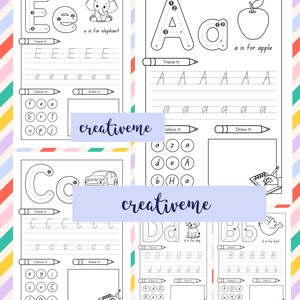 May include: Black and white printable worksheet for tracing and colouring the letters A, B, C, D, and E. Each letter is paired with a picture and a word that starts with that letter. For example, the letter A is paired with an apple and the word "apple".