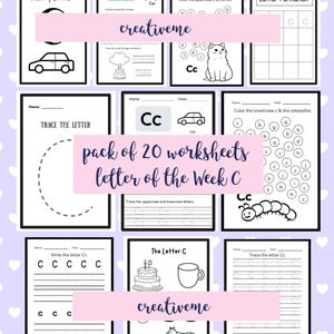 Letter of the week C.Pack of 20 worksheets to practice,trace and learn the Letter C.Includes coloring sheets and fun games. A4 size download