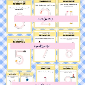May include: A set of 10 printable worksheets for kids to practice number formation. Each worksheet features a different number with a fun illustration and instructions to help guide the child. The worksheets are designed to help children learn to write numbers correctly.