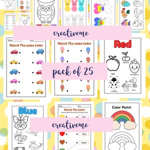 May include: A set of 25 educational worksheets for children, featuring colour matching, tracing, and colouring activities. The pages include illustrations of animals, fruits, and shapes. The text "creativeme" and "pack of 25" are visible.