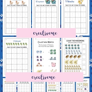 May include: A collection of printable educational worksheets featuring Pokémon characters. The worksheets include tracing numbers, counting, and matching activities. The pages are white with blue borders and include the text "creativeme".