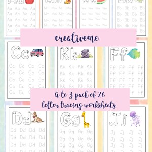 Peut inclure: Ensemble de 26 feuilles de travail de traçage de lettres pour enfants. Chaque feuille présente une lettre de l'alphabet avec des lignes de traçage et une illustration. Les feuilles de travail ont un design coloré et ludique, avec le texte "creativeme".