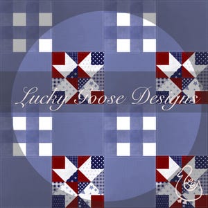 Puede incluir: Un fondo de tela a cuadros azules y blancos con un círculo en el centro. El círculo contiene un diseño de patchwork de cuadrados rojos, blancos y azules con estrellas y un logotipo de ganso blanco. El texto "Lucky Goose Designs" está escrito en letras blancas en cursiva en el centro del círculo.