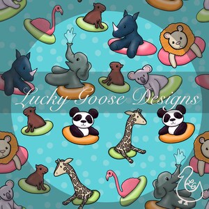 May include: A colourful illustration of various animals floating on inflatable rings in a blue pool with white polka dots. The animals include a giraffe, panda, rhino, elephant, koala, capybara, flamingo, and lion. The text "Lucky Goose Designs" is in the centre of the image.