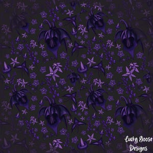 May include: Dark gray background with a repeating pattern of purple stylized flowers, bat-like shapes, and other floral elements. The design has a gothic or fantasy theme. The words "Lucky Goose Designs" are in the bottom right corner.