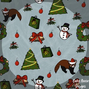 May include: A repeating pattern of Christmas-themed illustrations on a light blue background. The design includes red pandas wearing Santa hats, snowmen, Christmas trees, gift bags, ornaments, bells, mistletoe, and wreaths. The words "Lucky Goose Designs" are in the bottom right corner.