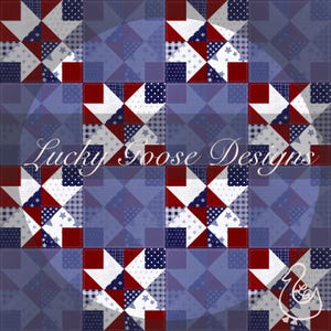 以下が含まれることがあります： 赤、白、青の星柄が特徴の、愛国的なテーマのパッチワークキルト。キルトは、さまざまな生地の質感とパターンを持つ繰り返しのブロックデザインです。「Lucky Goose Designs」の文字が見えます。