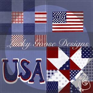 May include: A patriotic quilt block design featuring a red, white and blue colour scheme. The design includes a star, stripes and polka dots. The text "USA" is written in a bold, blue font with white polka dots. The text "Lucky Goose Designs" is written in a white font.