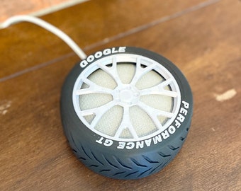 Google Home or Google Nest Mini Performance Tire holder for Gearheads and Automotive enthusiasts while helping with garage organization!