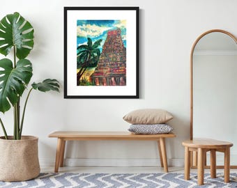 Gopuram Temple Painting: South Indian Spiritual Art, Meditation Decor