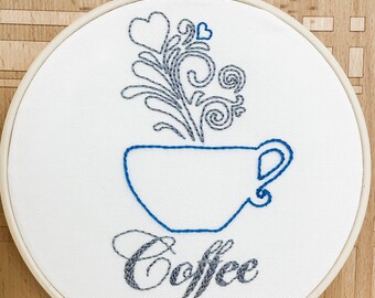 Coffee Lover hoop Embroidery Art wall hanging/ shelf decor. Kitchen wall decor. Mug of coffee for coffee bar