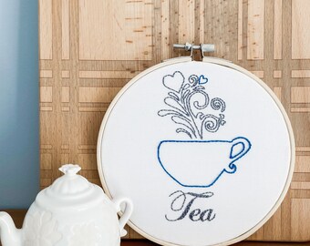 Tea Lover embroidery hoop wall hanging/ shelf decor 6 inch hoop