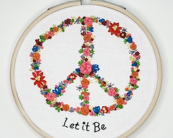 Vintage-inspired Let It Be Peace Sign: 4 Inch Embroidery Wall Hanging/Shelf Decor