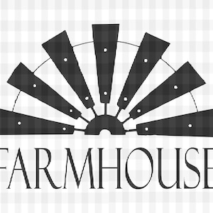 May include: Black silhouette of a farmhouse windmill with the word "FARMHOUSE" in white text below.