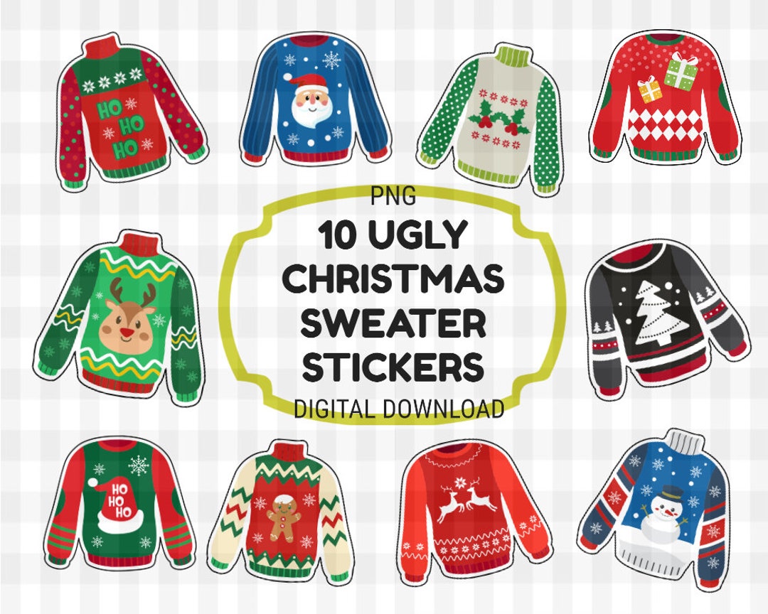 10 Ugly Christmas Sweater Sticker Digital Download, Sweater Stickers, Digital PNG, Christmas PNG 