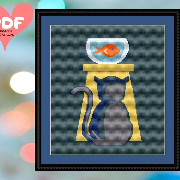 EASY  Art Deco Cat and Fish - BEGINNERS - Counted Cross Stitch Pattern Download - Instant PDF Chart - X Stitch Needlework