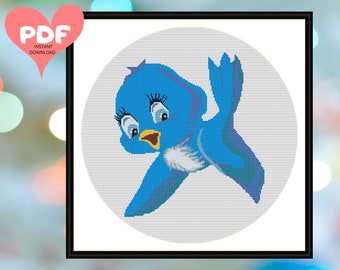 Blue Bird EASY Children's - BEGINNERS - Counted Cross Stitch Pattern - Instant Download - PDF Chart - X Stitch Needlework