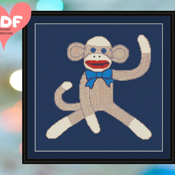 Sock Monkey - Counted Cross Stitch Pattern - Instant Download - PDF Chart - X Stitch Needlework - Fast and EASY - BEGINNERS