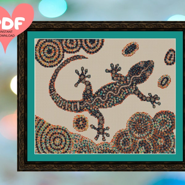 Lézard aborigène - Dot Art - Rapide et FACILE - Téléchargement de modèle de point de croix compté - Tableau PDF instantané - DÉBUTANTS X Stitch Needlework