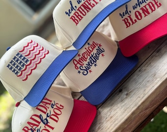 Gorra de camionero bordada / Diseño patriótico del 4 de julio, sombreros de verano para mujer, calidad artesanal.