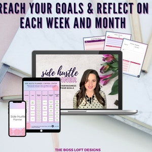 May include: A laptop computer displaying a woman with a pink floral background. The text "side hustle planner" is displayed on the laptop screen. The image also shows a tablet and a smartphone with the text "Side Hustle Planner" on the screen. The image is set against a white marble background.
